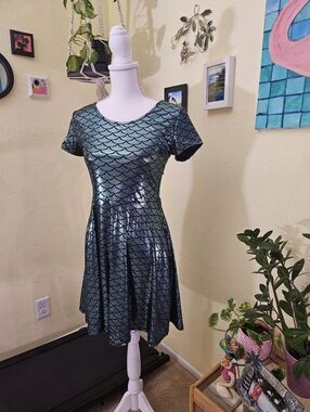 Metallic Mermaid-Scale Skater Dress - Teal